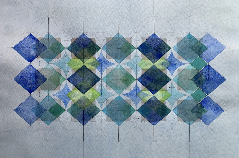 Amina Ahmed’s artistic process stems from a geometry practice. Her work expands on the eight-fold, referred to as the breath pattern, which layers the dynamic and static square—universally found in folk and traditional art.